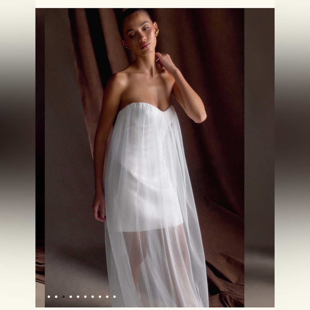 Sheer Strapless White Tulle Overlay Dress MESHKI